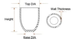 Diagramm der Abmessungen eines konischen Zylindertiegels