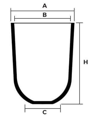 Diagramm der Abmessungen des Tiegels